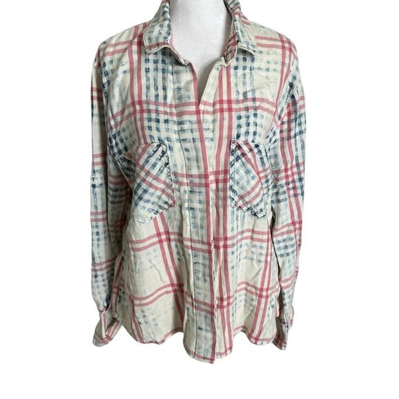 cloth & stone acid wash plaid button down long sleeve red white blue size M - Picture 1 of 8